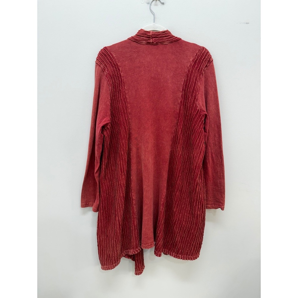 Jess & Jane Open Front Cardigan Washed L Red Pleated Textured USA Bohemian - Picture 3 of 8